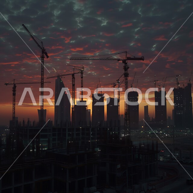 Buildings and mega projects under construction at dusk, architectural development in Saudi Arabia, foundation and structure construction for residential projects and factories, concept of improving the country's infrastructure, construction, contracting and real estate development works, cranes, scaffolding and machinery on the construction site