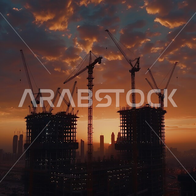 المباني والمشاريع الضخمة تحت التشييد عند الغسق، التطور المعماري بالمملكة العربية السعودية، إنشاء الأساسات والهياكل للمشروعات السكنية والمصانع, مفهوم تحسين البنية التحتية للبلاد، أعمال البناء والمقاولات والتطوير العقاري، الرافعات والسقالات والآلات في موقع البناء