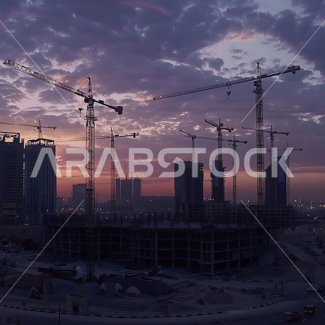 Buildings and mega projects under construction at dusk, architectural development in Saudi Arabia, foundation and structure construction for residential projects and factories, concept of improving the country's infrastructure, construction, contracting and real estate development works, cranes, scaffolding and machinery on the construction site