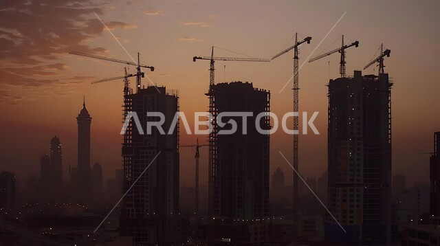 Buildings and mega projects under construction at dusk, architectural development in Saudi Arabia, foundation and structure construction for residential projects and factories, concept of improving the country's infrastructure, construction, contracting and real estate development works, cranes, scaffolding and machinery on the construction site