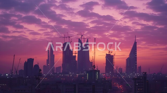 Buildings and mega projects under construction at dusk, architectural development in Saudi Arabia, foundation and structure construction for residential projects and factories, concept of improving the country's infrastructure, construction, contracting and real estate development works, cranes, scaffolding and machinery on the construction site