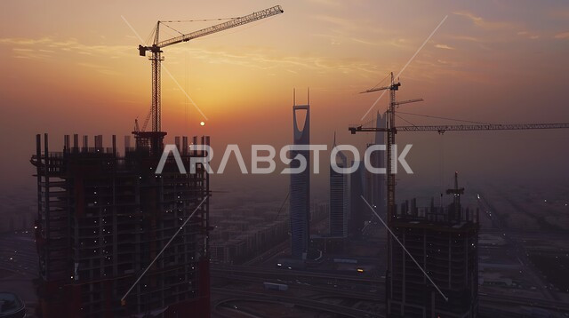 Architectural development in Saudi Arabia, foundations and structures for residential and industrial projects, buildings and mega projects under construction at dusk, concept of improving the country's infrastructure, construction, contracting and real estate development, cranes, scaffolding and machinery on the construction site
