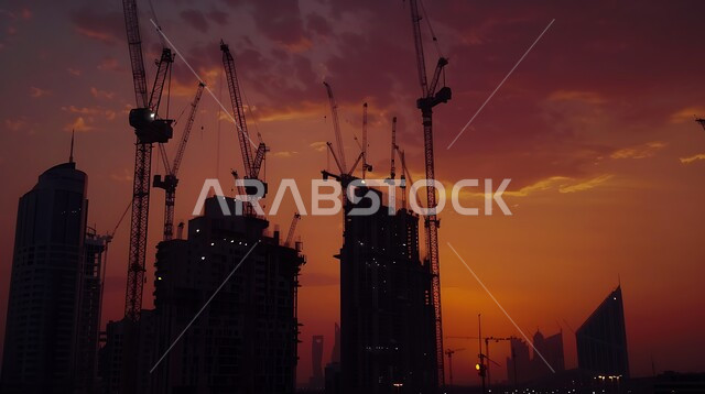 التطور المعماري بالمملكة العربية السعودية، إنشاء الأساسات والهياكل للمشروعات السكنية والمصانع, المباني والمشاريع الضخمة تحت التشييد عند الغسق، مفهوم تحسين البنية التحتية للبلاد، أعمال البناء والمقاولات والتطوير العقاري، الرافعات والسقالات والآلات في موقع البناء
