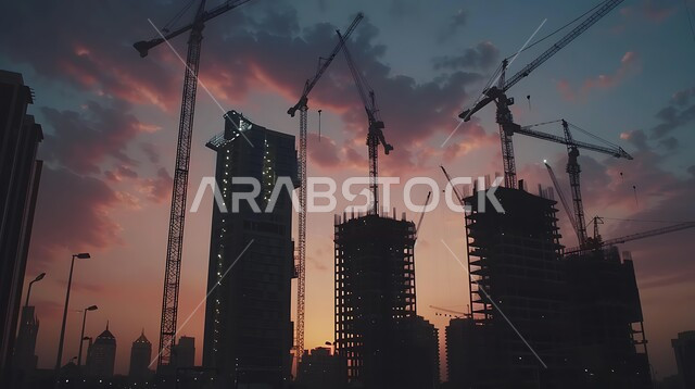 Architectural development in Saudi Arabia, foundations and structures for residential and industrial projects, buildings and mega projects under construction at dusk, concept of improving the country's infrastructure, construction, contracting and real estate development, cranes, scaffolding and machinery on the construction site