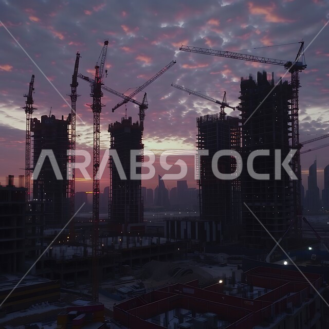 التطور المعماري بالمملكة العربية السعودية، إنشاء الأساسات والهياكل للمشروعات السكنية والمصانع, المباني والمشاريع الضخمة تحت التشييد عند الغسق، مفهوم تحسين البنية التحتية للبلاد، أعمال البناء والمقاولات والتطوير العقاري، الرافعات والسقالات والآلات في موقع البناء