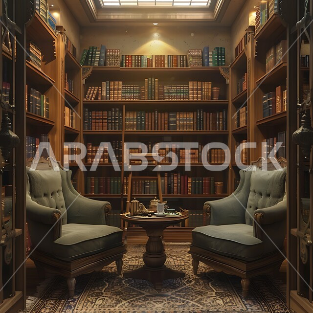 صالة أعمال أنيقة تتميز بمقاعد مريحة، الرفوف المكتبية الخشبية الممتلئة بالعديد من الكتب القيمة, التصاميم الداخلية المعاصرة في مكاتب السعودية, الطاولة الخشبية المتوضعة في منتصف الغرفة، الزينة والاكسسوارات الراقية, الأضواء والألوان المريحة للنظر