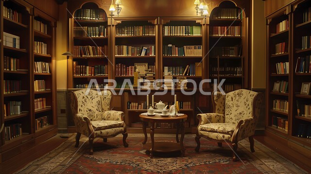 صالة أعمال أنيقة تتميز بمقاعد مريحة، الرفوف المكتبية الخشبية الممتلئة بالعديد من الكتب القيمة, التصاميم الداخلية المعاصرة في مكاتب السعودية, الطاولة الخشبية المتوضعة في منتصف الغرفة، الزينة والاكسسوارات الراقية, الأضواء والألوان المريحة للنظر