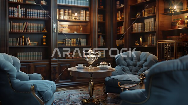 صالة أعمال أنيقة تتميز بمقاعد مريحة، الرفوف المكتبية الخشبية الممتلئة بالعديد من الكتب القيمة, التصاميم الداخلية المعاصرة في مكاتب السعودية, الطاولة الخشبية المتوضعة في منتصف الغرفة، الزينة والاكسسوارات الراقية, الأضواء والألوان المريحة للنظر