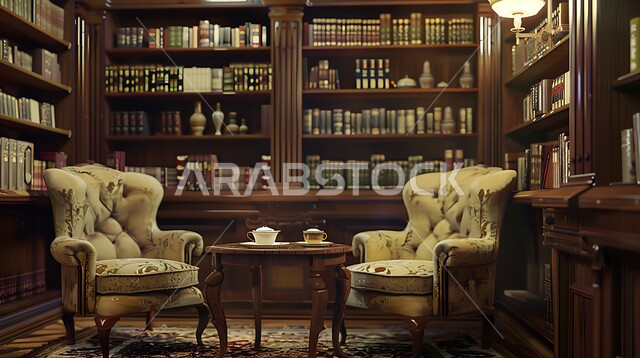 صالة أعمال أنيقة تتميز بمقاعد مريحة، الرفوف المكتبية الخشبية الممتلئة بالعديد من الكتب القيمة, التصاميم الداخلية المعاصرة في مكاتب السعودية, الطاولة الخشبية المتوضعة في منتصف الغرفة، الزينة والاكسسوارات الراقية, الأضواء والألوان المريحة للنظر