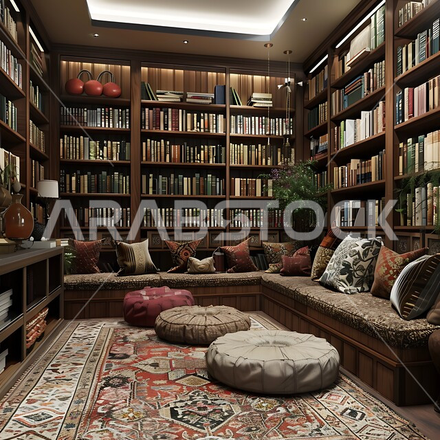 التصاميم الداخلية المعاصرة في مكاتب السعودية, الرفوف المكتبية الخشبية الممتلئة بالعديد من الكتب القيمة, صالة أعمال أنيقة تتميز بمقاعد مريحة، الزينة والاكسسوارات الراقية, الأضواء والألوان المريحة للنظر