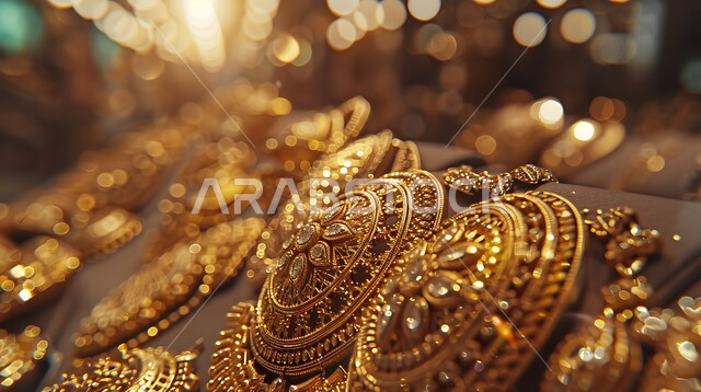 Traditional gold jewelry, elegance and skill in making precious accessories, intricate necklaces and bracelets and gemstone rings, craftsmanship of pure gold ornaments, unique and distinctive designs of luxury displays, gold and jewelry shops in Saudi Arabia