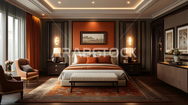 غرفة نوم بتصاميم أنيقة وحديثة، سرير كبير ومريح بتصميم معاصر، اكسسوارات وتحف وزينة عصرية، الواجهات والنوافذ الزجاجية الكبيرة، ديكورات منزلية داخلية بأثاث راقي، شقق وفلل سكنية في المملكة العربية السعودية، المنتجعات والفنادق الفاخرة