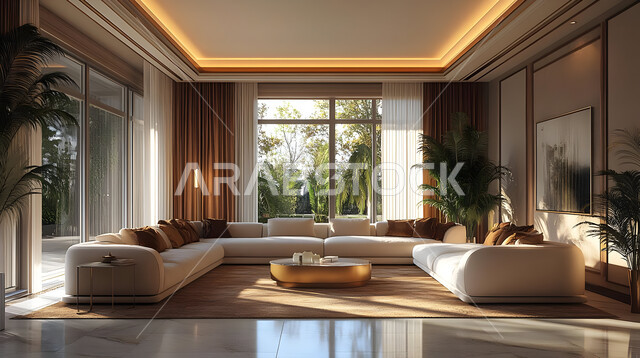 Interior decorations and modern designs for the living room, a glass facade overlooking the outside nature, residential apartments and villas in the Kingdom of Saudi Arabia, antiques, accessories and high-end decorations, elegant and comfortable home furniture, furnishings in comfortable and suitable colors