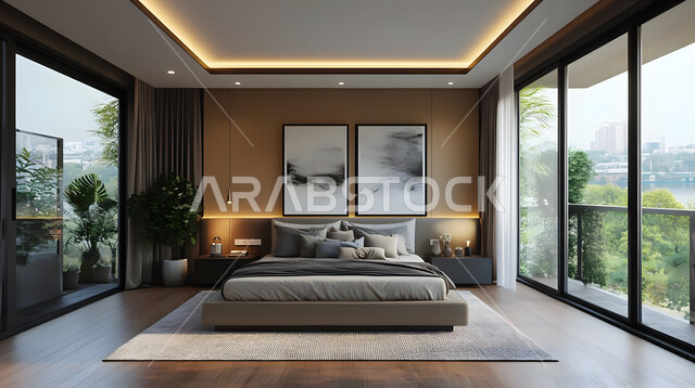 غرفة نوم بتصاميم أنيقة وحديثة، سرير كبير ومريح بتصميم معاصر، اكسسوارات وتحف وزينة عصرية، الواجهات والنوافذ الزجاجية الكبيرة، ديكورات منزلية داخلية بأثاث راقي، شقق وفلل سكنية في المملكة العربية السعودية، المنتجعات والفنادق الفاخرة