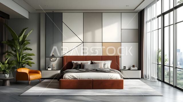 غرفة نوم بتصاميم أنيقة وحديثة، سرير كبير ومريح بتصميم معاصر، اكسسوارات وتحف وزينة عصرية، الواجهات والنوافذ الزجاجية الكبيرة، ديكورات منزلية داخلية بأثاث راقي، شقق وفلل سكنية في المملكة العربية السعودية، المنتجعات والفنادق الفاخرة