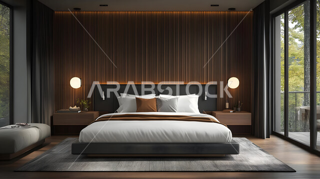 سرير كبير ومريح بتصميم معاصر، غرفة نوم بتصاميم أنيقة وحديثة، اكسسوارات وتحف وزينة عصرية، الواجهات والنوافذ الزجاجية الكبيرة، ديكورات منزلية داخلية بأثاث راقي، شقق وفلل سكنية في المملكة العربية السعودية، المنتجعات والفنادق الفاخرة