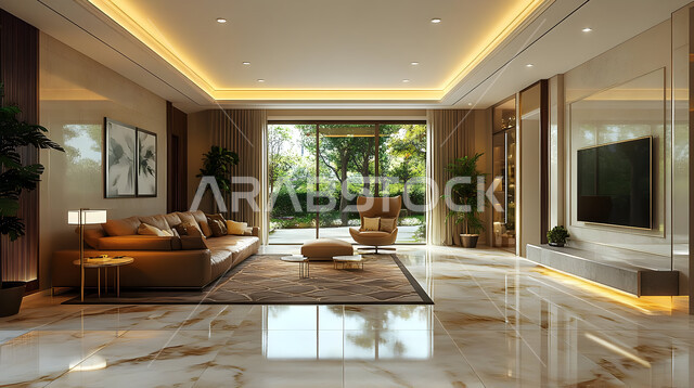  الديكورات الداخلية والتصاميم الحديثة لغرفة الجلوس، واجهة زجاجية مطلة على الطبيعة الخارجية, شقق وفلل سكنية في المملكة العربية السعودية ,التحف والاكسسوارات والزينة الراقية, أثاث منزلي أنيق ومريح، مفروشات بألوان مريحة ومتناسبة