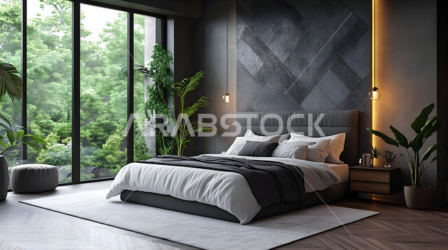 سرير كبير ومريح بتصميم معاصر، غرفة نوم بتصاميم أنيقة وحديثة، اكسسوارات وتحف وزينة عصرية، الواجهات والنوافذ الزجاجية الكبيرة، ديكورات منزلية داخلية بأثاث راقي، شقق وفلل سكنية في المملكة العربية السعودية، المنتجعات والفنادق الفاخرة