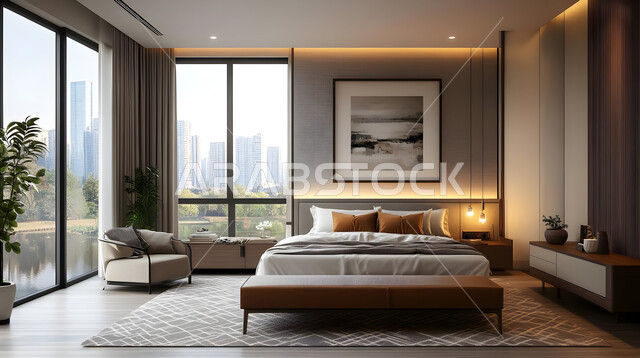 سرير كبير ومريح بتصميم معاصر، غرفة نوم بتصاميم أنيقة وحديثة، اكسسوارات وتحف وزينة عصرية، الواجهات والنوافذ الزجاجية الكبيرة، ديكورات منزلية داخلية بأثاث راقي، شقق وفلل سكنية في المملكة العربية السعودية، المنتجعات والفنادق الفاخرة