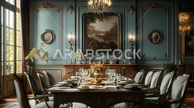 ديكورات منزلية داخلية حديثة لغرف الطعام، غرفة سفرة بتصاميم خشبية كلاسيكية راقية، الفنون الهندسية المميزة في تصميم طاولة الطعام المحاطة بالكراسي المريحة، استخدام الطراز الفني الأنيق في الاثاث المنزلي، شقق وفلل سكنية في المملكة العربية السعودية