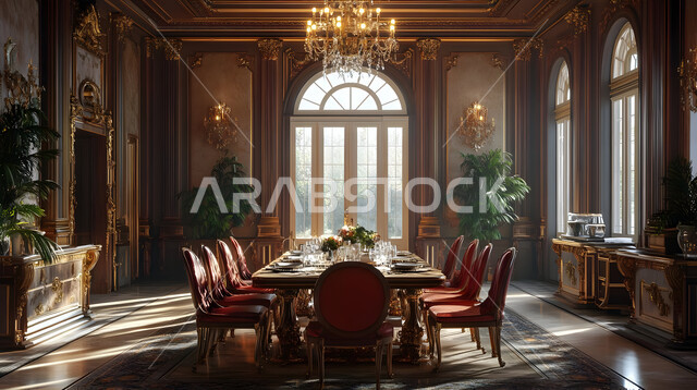 ديكورات منزلية داخلية حديثة لغرف الطعام، غرفة سفرة بتصاميم خشبية كلاسيكية راقية، الفنون الهندسية المميزة في تصميم طاولة الطعام المحاطة بالكراسي المريحة، استخدام الطراز الفني الأنيق في الاثاث المنزلي، شقق وفلل سكنية في المملكة العربية السعودية