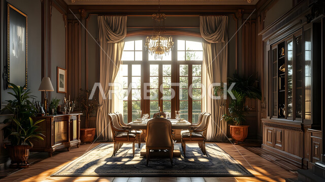 ديكورات منزلية داخلية حديثة لغرف الطعام، غرفة سفرة بتصاميم خشبية كلاسيكية راقية، الفنون الهندسية المميزة في تصميم طاولة الطعام المحاطة بالكراسي المريحة، استخدام الطراز الفني الأنيق في الاثاث المنزلي، شقق وفلل سكنية في المملكة العربية السعودية