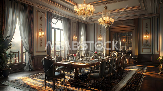 ديكورات منزلية داخلية حديثة لغرف الطعام، غرفة سفرة بتصاميم خشبية كلاسيكية راقية، الفنون الهندسية المميزة في تصميم طاولة الطعام المحاطة بالكراسي المريحة، استخدام الطراز الفني الأنيق في الاثاث المنزلي، شقق وفلل سكنية في المملكة العربية السعودية