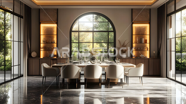 غرفة سفرة بتصاميم خشبية كلاسيكية راقية، الفنون الهندسية المميزة في تصميم طاولة الطعام المحاطة بالكراسي المريحة، ديكورات منزلية داخلية حديثة لغرف الطعام، استخدام الطراز الفني الأنيق في الاثاث المنزلي، شقق وفلل سكنية في المملكة العربية السعودية