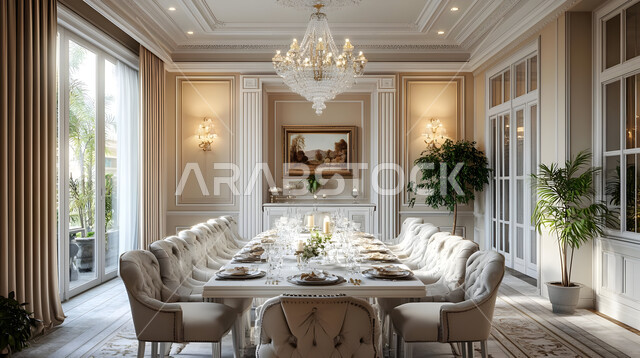 غرفة سفرة بتصاميم خشبية كلاسيكية راقية، الفنون الهندسية المميزة في تصميم طاولة الطعام المحاطة بالكراسي المريحة، ديكورات منزلية داخلية حديثة لغرف الطعام، استخدام الطراز الفني الأنيق في الاثاث المنزلي، شقق وفلل سكنية في المملكة العربية السعودية