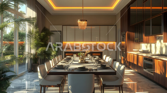 غرفة سفرة بتصاميم خشبية كلاسيكية راقية، الفنون الهندسية المميزة في تصميم طاولة الطعام المحاطة بالكراسي المريحة، ديكورات منزلية داخلية حديثة لغرف الطعام، استخدام الطراز الفني الأنيق في الاثاث المنزلي، شقق وفلل سكنية في المملكة العربية السعودية