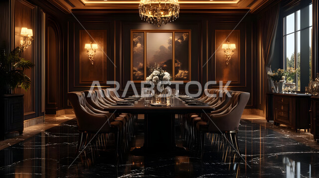 غرفة سفرة بتصاميم خشبية كلاسيكية راقية، الفنون الهندسية المميزة في تصميم طاولة الطعام المحاطة بالكراسي المريحة، ديكورات منزلية داخلية حديثة لغرف الطعام، استخدام الطراز الفني الأنيق في الاثاث المنزلي، شقق وفلل سكنية في المملكة العربية السعودية