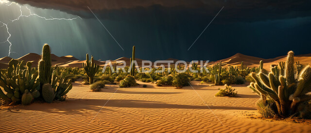 الرياح الترابية في المناطق الصحراوية, عاصفة رعدية وزوابع غبارية قوية في الصحاري، صورة بانورامية للنباتات الشوكية الخضراء في الصحراء، الظواهر والكوارث الطبيعية، منظر الإعصار الهوائي والرعد 