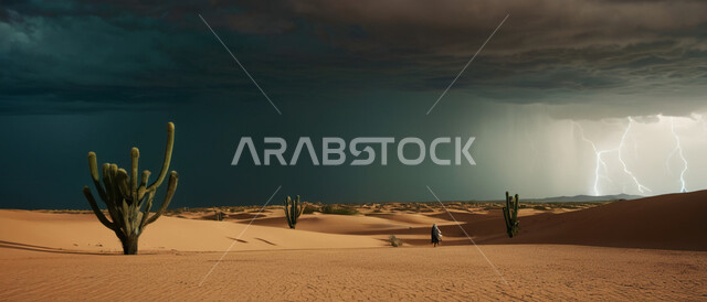 الرياح الترابية في المناطق الصحراوية, عاصفة رعدية وزوابع غبارية قوية في الصحاري، صورة بانورامية للنباتات الشوكية الخضراء في الصحراء، الظواهر والكوارث الطبيعية، منظر الإعصار الهوائي والرعد 