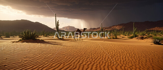 الرياح الترابية في المناطق الصحراوية, عاصفة رعدية وزوابع غبارية قوية في الصحاري، صورة بانورامية للنباتات الشوكية الخضراء في الصحراء، الظواهر والكوارث الطبيعية، منظر الإعصار الهوائي والرعد 