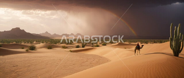 الرياح الترابية في المناطق الصحراوية, عاصفة رعدية وزوابع غبارية قوية في الصحاري، صورة بانورامية للنباتات الشوكية الخضراء في الصحراء، الظواهر والكوارث الطبيعية، منظر الإعصار الهوائي والرعد 