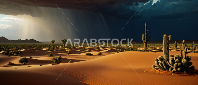 الرياح الترابية في المناطق الصحراوية, عاصفة رعدية وزوابع غبارية قوية في الصحاري، صورة بانورامية للنباتات الشوكية الخضراء في الصحراء، الظواهر والكوارث الطبيعية، منظر الإعصار الهوائي والرعد 