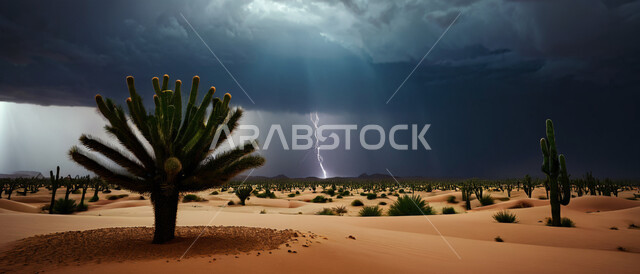عاصفة رعدية وزوابع غبارية قوية في الصحاري، صورة بانورامية للنباتات الشوكية الخضراء في الصحراء، الظواهر والكوارث الطبيعية، رياح ترابية في المناطق الصحراوية, منظر الإعصار الهوائي والرعد 