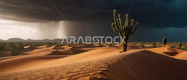 عاصفة رعدية وزوابع غبارية قوية في الصحاري، صورة بانورامية للنباتات الشوكية الخضراء في الصحراء، الظواهر والكوارث الطبيعية، رياح ترابية في المناطق الصحراوية, منظر الإعصار الهوائي والرعد 