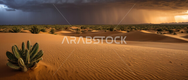 عاصفة رعدية وزوابع غبارية قوية في الصحاري، صورة بانورامية للنباتات الشوكية الخضراء في الصحراء، الظواهر والكوارث الطبيعية، رياح ترابية في المناطق الصحراوية, منظر الإعصار الهوائي والرعد 