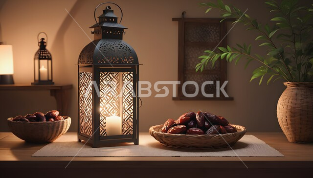 ديكورات وزينة رمضان المبارك, الأجواء الروحانية والاحتفال بالمناسبات والأعياد الدينية الاسلامية، صورة مقربة لفوانيس معدنية تقليدية مضيئة على سطح خشبي مع اطباق من التمر وقت الليل, البهجة بقدوم شهر الخير، تحف واكسسوارت متميزة، ضيافة رمضانية شهية