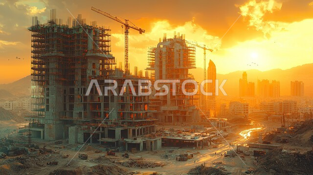 برج تحت التشييد باستخدام الآليات الحديثة, مفهوم الهندسة الانشائية والمعمارية, مبنى قيد الانشاء في السعودية وقت غروب الشمس, المعدات الثقيلة والرافعات والسقالات العالية, أعمال البناء وصب الخرسانات ووضع الأساسات, تنفيذ مخطط الإعمار وتشكيل الهيكل المعدني