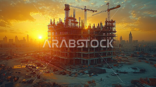 برج تحت التشييد باستخدام الآليات الحديثة, مفهوم الهندسة الانشائية والمعمارية, مبنى قيد الانشاء في السعودية وقت غروب الشمس, المعدات الثقيلة والرافعات والسقالات العالية, أعمال البناء وصب الخرسانات ووضع الأساسات, تنفيذ مخطط الإعمار وتشكيل الهيكل المعدني