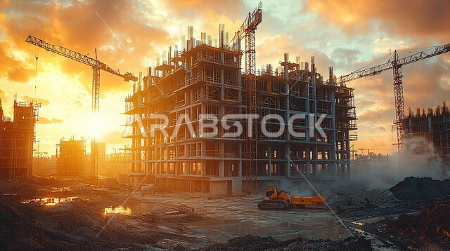 مبنى قيد الانشاء في السعودية وقت غروب الشمس, مفهوم الهندسة الانشائية والمعمارية, المعدات الثقيلة والرافعات والسقالات العالية, أعمال البناء وصب الخرسانات ووضع الأساسات, تنفيذ مخطط الإعمار وتشكيل الهيكل المعدني, برج تحت التشييد باستخدام الآليات الحديثة