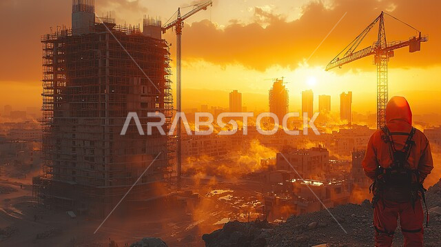 مبنى قيد الانشاء في السعودية وقت غروب الشمس, مفهوم الهندسة الانشائية والمعمارية, المعدات الثقيلة والرافعات والسقالات العالية, أعمال البناء وصب الخرسانات ووضع الأساسات, تنفيذ مخطط الإعمار وتشكيل الهيكل المعدني, برج تحت التشييد باستخدام الآليات الحديثة