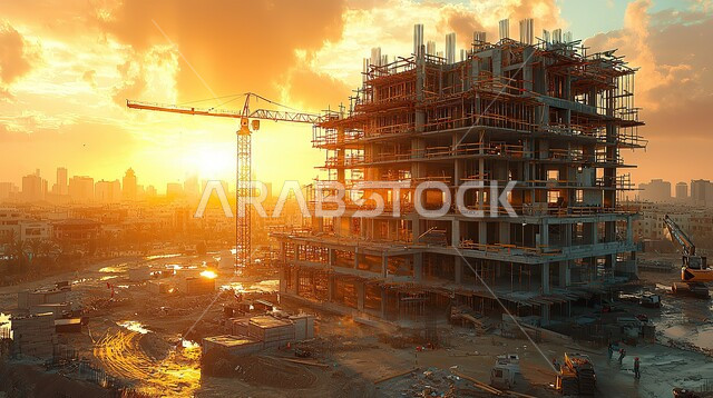 المعدات الثقيلة والرافعات والسقالات العالية, مبنى قيد الانشاء في السعودية وقت غروب الشمس, مفهوم الهندسة الانشائية والمعمارية, أعمال البناء وصب الخرسانات ووضع الأساسات, تنفيذ مخطط الإعمار وتشكيل الهيكل المعدني, برج تحت التشييد باستخدام الآليات الحديثة