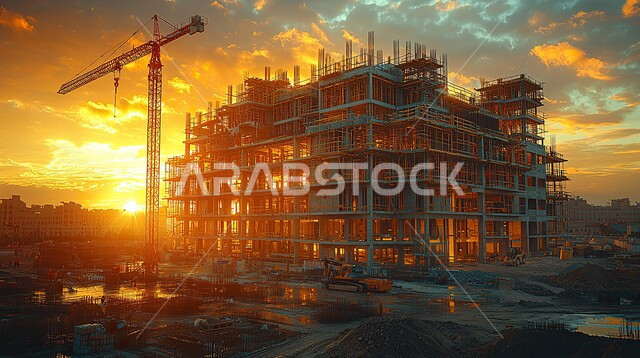 المعدات الثقيلة والرافعات والسقالات العالية, مبنى قيد الانشاء في السعودية وقت غروب الشمس, مفهوم الهندسة الانشائية والمعمارية, أعمال البناء وصب الخرسانات ووضع الأساسات, تنفيذ مخطط الإعمار وتشكيل الهيكل المعدني, برج تحت التشييد باستخدام الآليات الحديثة