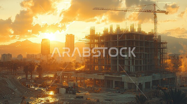 المعدات الثقيلة والرافعات والسقالات العالية, مبنى قيد الانشاء في السعودية وقت غروب الشمس, مفهوم الهندسة الانشائية والمعمارية, أعمال البناء وصب الخرسانات ووضع الأساسات, تنفيذ مخطط الإعمار وتشكيل الهيكل المعدني, برج تحت التشييد باستخدام الآليات الحديثة