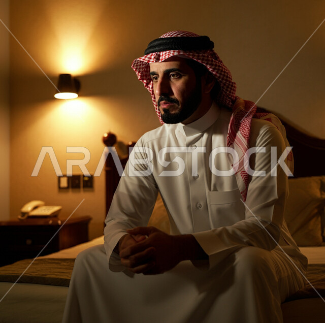 الاهتمام بالأناقة والمظهر الخارجي، التفكير والتخطيط لحل مشكلة ما، التمعن والتركيز لاتخاذ القرارات، مفهوم الحيرة والتردد، شاب عربي خليجي سعودي يجلس على السرير يرتدي الشماغ والثوب التقليدي ينظر الى شيء ما بإيماءات التأمل وشرود الذهن