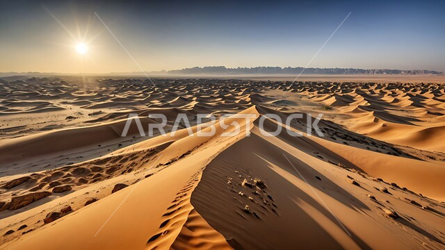 البيئة الصحراوية الجافة في الصحراء, التشكيلات والتلال والكثبان الرملية الكثيفة, المساحات الواسعة في صحاري المملكة العربية السعودية, منظر غروب الشمس على الرمال الذهبية الناعمة