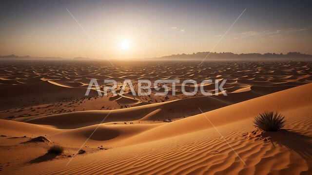 منظر غروب الشمس على الرمال الذهبية الناعمة, البيئة الصحراوية الجافة في الصحراء, التشكيلات والتلال والكثبان الرملية الكثيفة, المساحات الواسعة في صحاري المملكة العربية السعودية